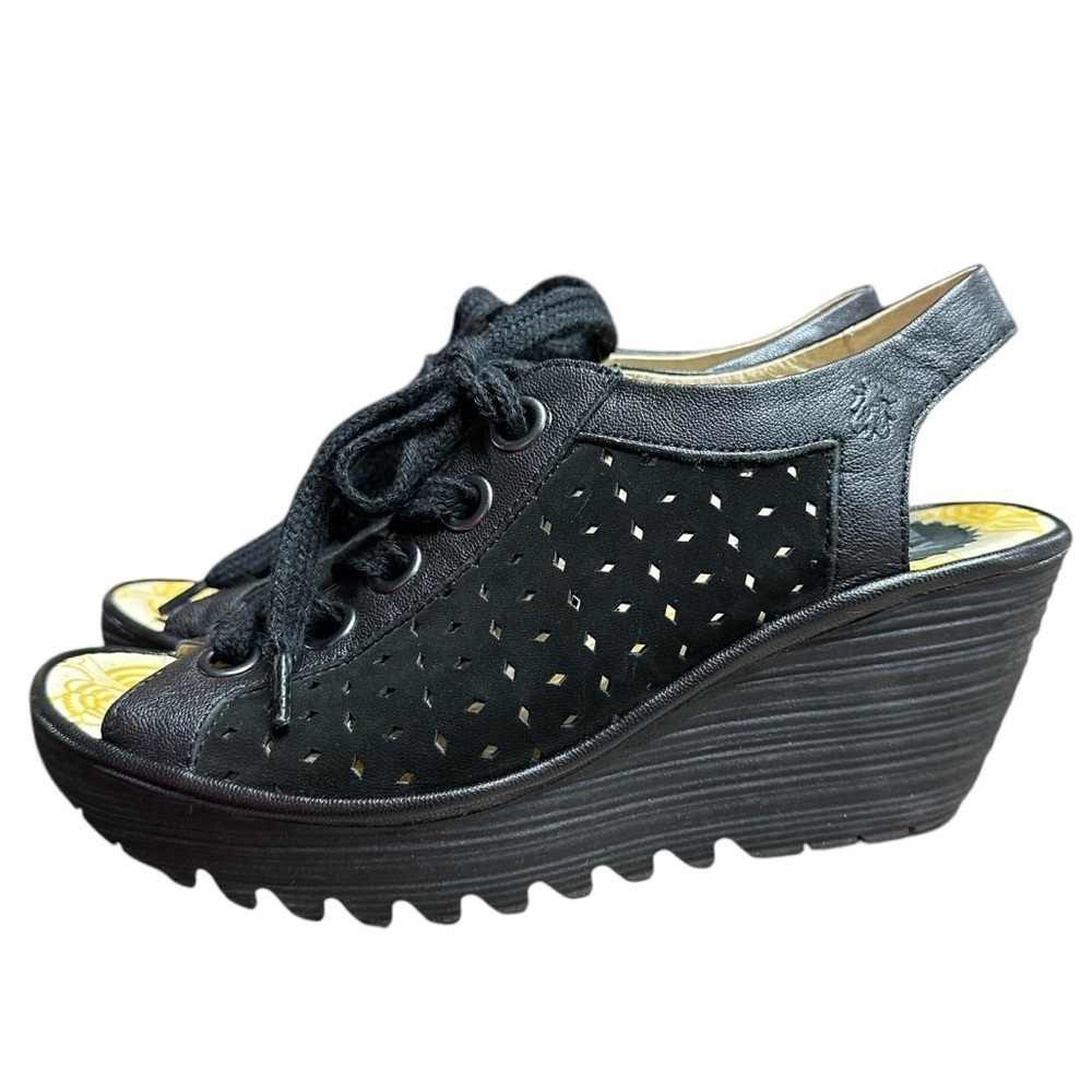 Fly London Black Leather Wedge Lace Up Sandals Open Toe Size 39 EU